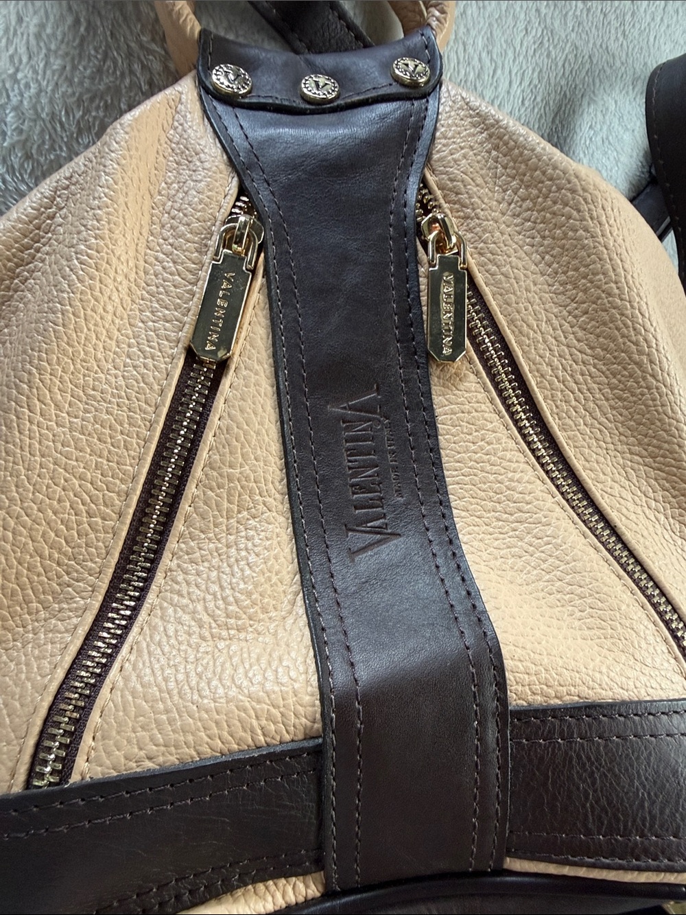Valentina Beige and Dark Brown Leather Mini Backpack , made in Italy - Picture 3 of 9